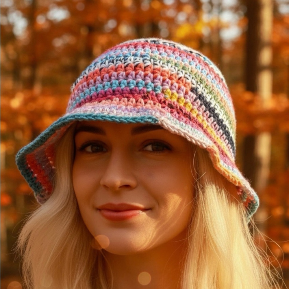 Vibrant Striped Crochet Bucket Hat HANDMADE 100% cotton